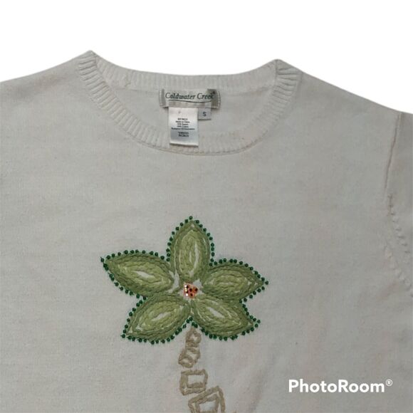 Coldwater Creek White Short Sleeve Sweater Small Embroidered Tree Design - Picture 7 of 9